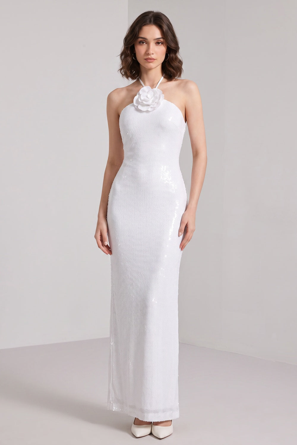 White Sequined Mesh Column Dress with Flower Embellishment white sequined mesh dress - product view 1