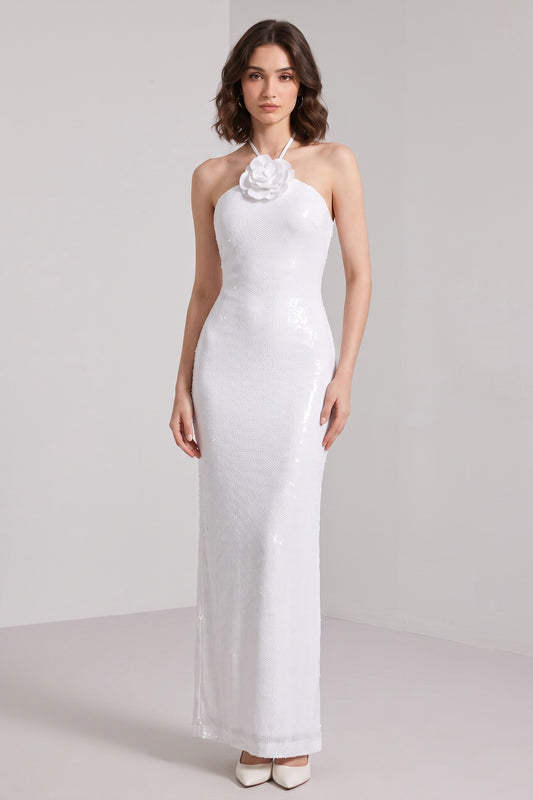 White Sequined Mesh Column Dress with Flower Embellishment white sequined mesh dress - product view 1