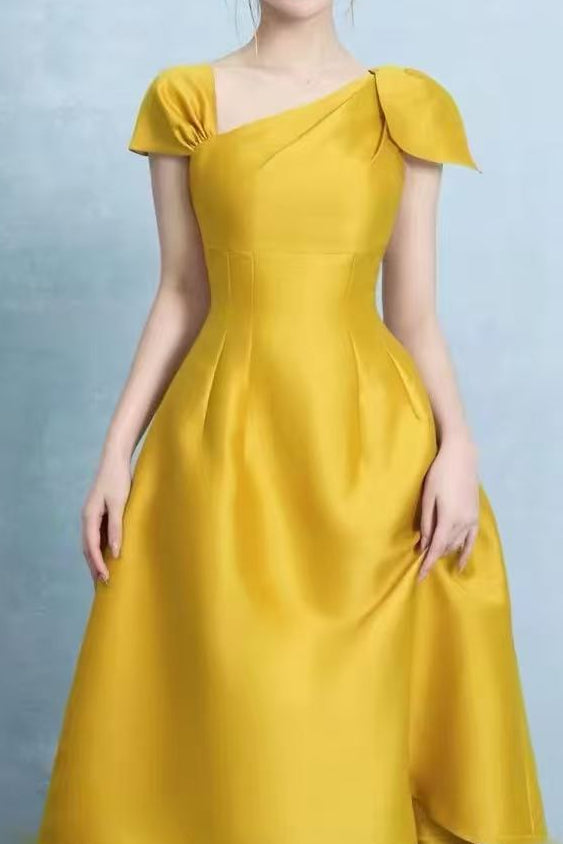 Yellow Asymmetrical Bow Satin Midi Party Dress