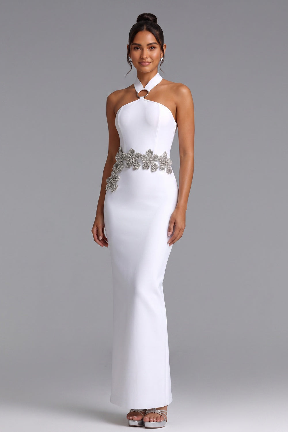 White Crepe Column Gown with Silver Floral Embellishment white crepe gown - product view 1