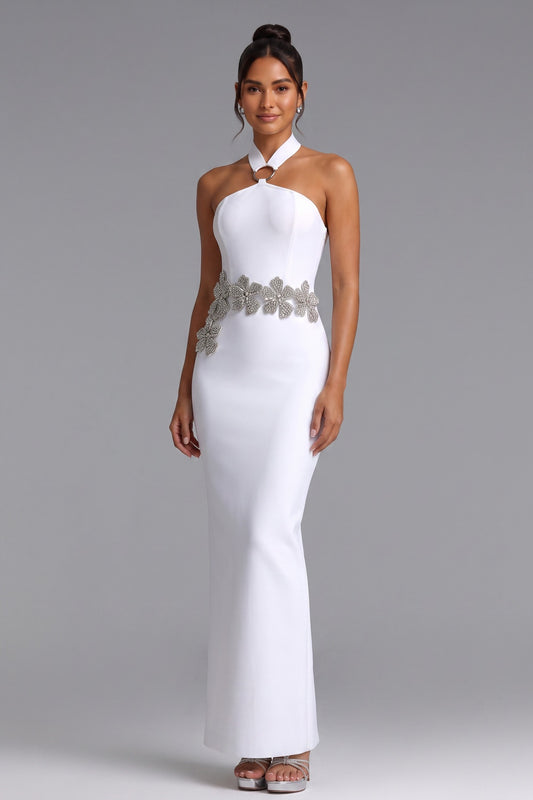 White Crepe Column Gown with Silver Floral Embellishment white crepe gown - product view 1
