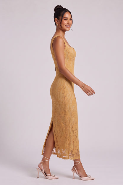 Mustard Yellow Textured Floral Lace Sheath Dress