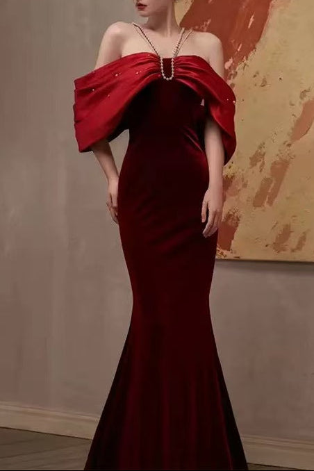 Tove Off Shoulder Velvet Maxi Dress - Red