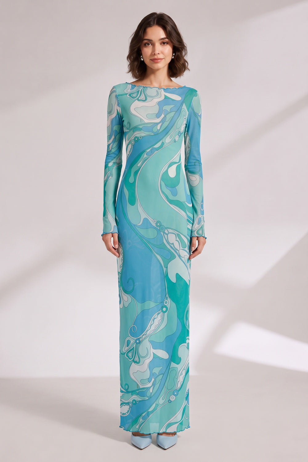 Abstract Wave Print Maxi Dress in Blue and Teal Premium Fabric - product view 1
