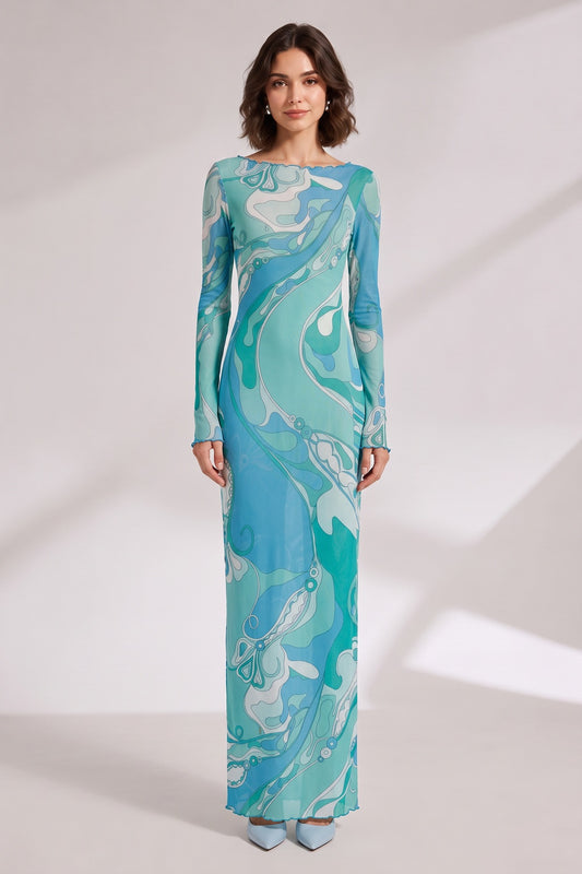Abstract Wave Print Maxi Dress in Blue and Teal Premium Fabric - product view 1