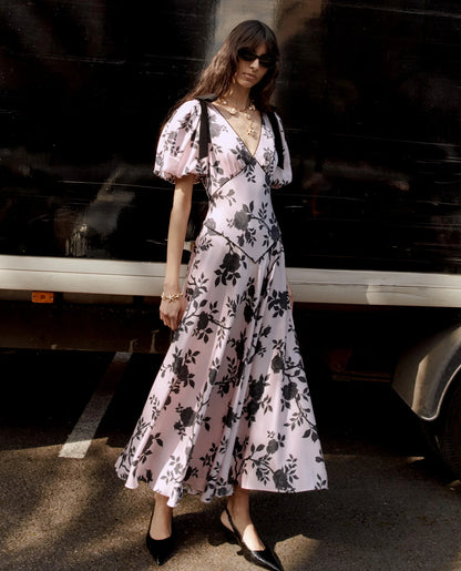 v-neck Satin Floral Midi Dress in pink