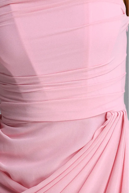 Pastel Pink Lightweight woven crepe or chiffon Column with asymmetric side drape Evening Gown