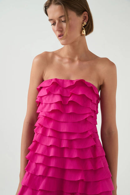 cathy Pleated layer strapless maxi dress in rose red
