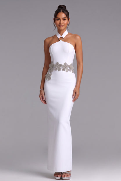 White Crepe Column Gown with Silver Floral Embellishment white crepe gown - product view 4