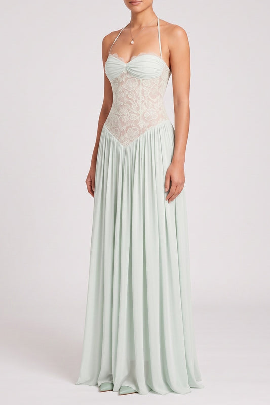 Halter Twist Bust Floral Lace Corset Chiffon Maxi Dress