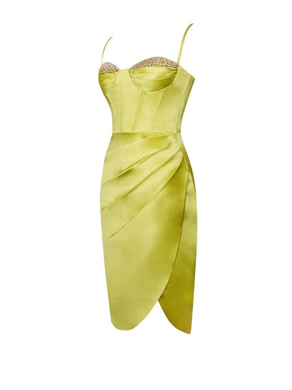 Lemon yellow pleated satin mini Dress