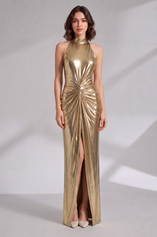 Gold Metallic Halter Neck Maxi Dress Premium Fabric - product view 1