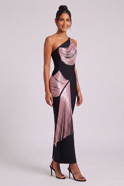 Black One-Shoulder Fringe Column Dress black heavy stretch knit dress - product view 4