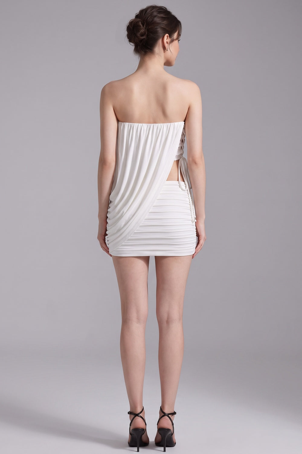 White Stretch Jersey Fitted Skirt with Draped Asymmetrical Top Two-Piece Set white stretch jersey two-piece set - product view 4
