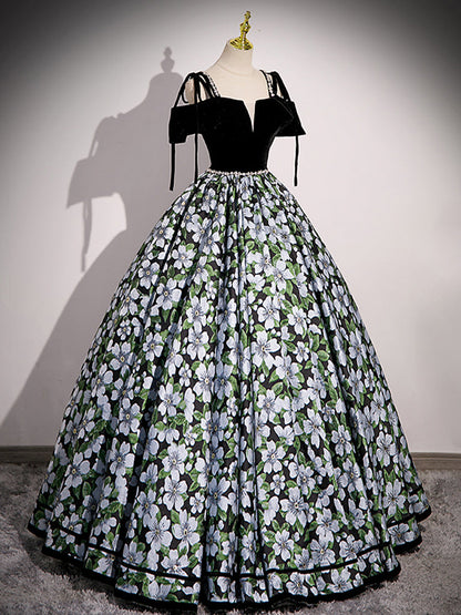 Black A-Line Satin Floral Prom Dress