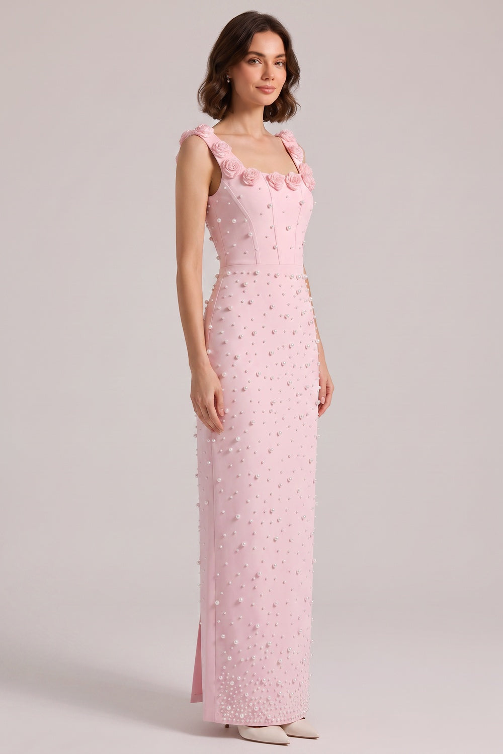Pink 3D Rose Strap All Over Pearl Beaded Mermaid Maxi Gown