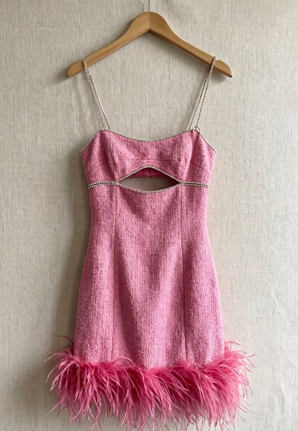 Pink Tweed Sheath Mini Dress with Rhinestone Cutout and Feather Trim