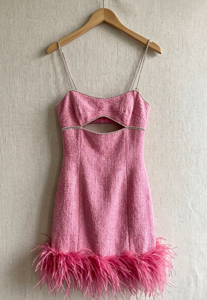 Pink Tweed Sheath Mini Dress with Rhinestone Cutout and Feather Trim