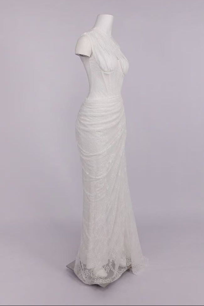 White Floral Lace One-Shoulder Column Gown