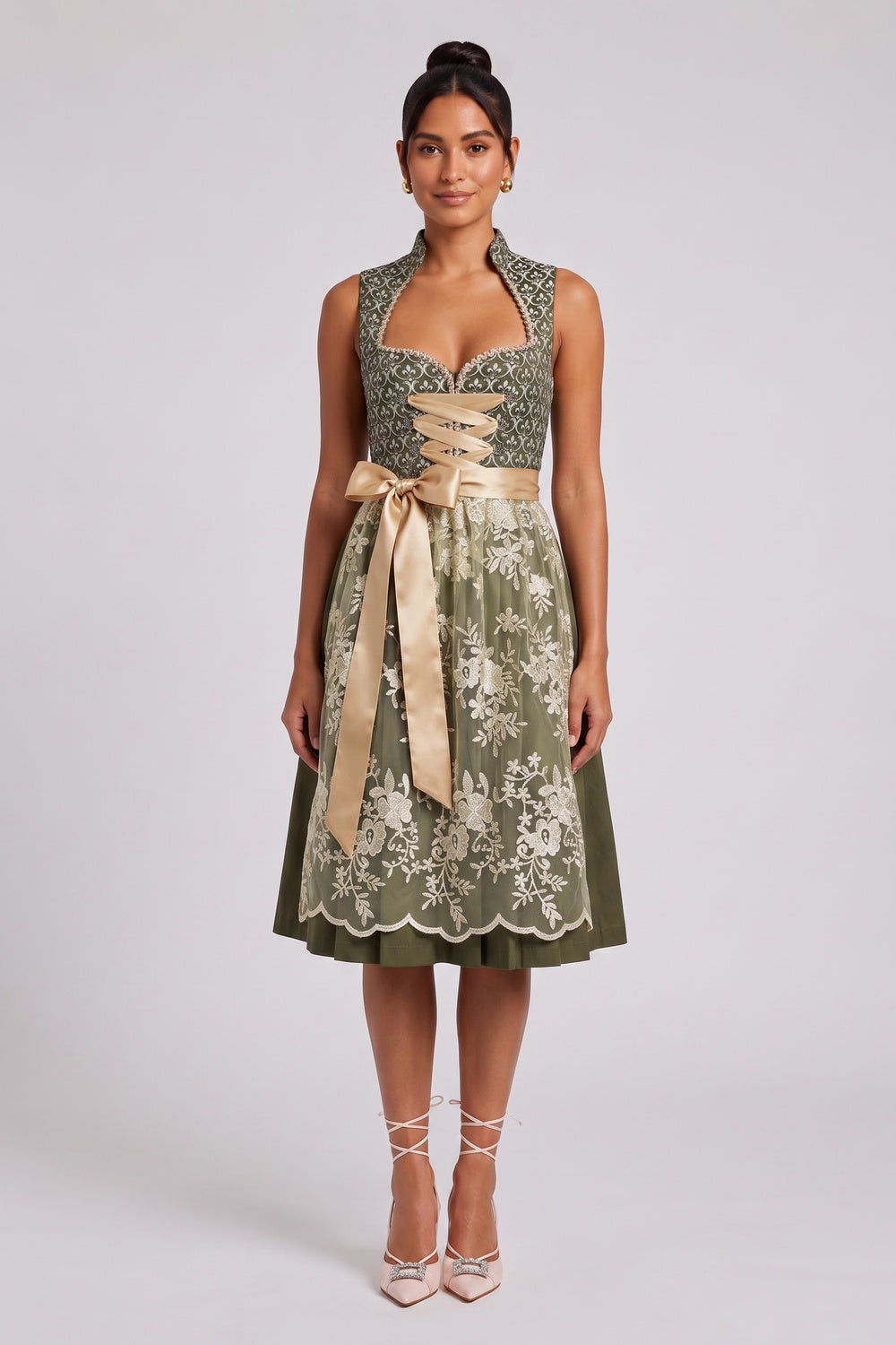 olive green jacquard bodice fit-and-flare dirndl olive green, champagne gold jacquard bodice, satin skirt dirndl - product view 1