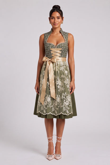 olive green jacquard bodice fit-and-flare dirndl olive green, champagne gold jacquard bodice, satin skirt dirndl - product view 1