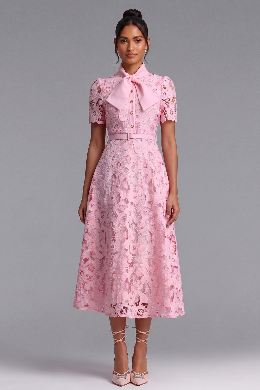 Light Pink Floral Lace A-Line Midi Dress light pink floral lace dress - product view 3