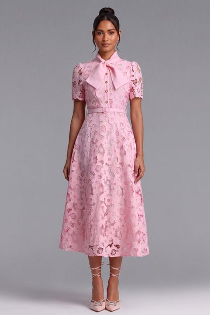 Light Pink Floral Lace A-Line Midi Dress light pink floral lace dress - product view 3