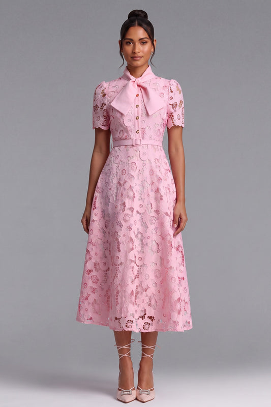 Light Pink Floral Lace A-Line Midi Dress light pink floral lace dress - product view 3