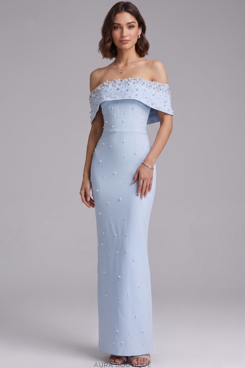 Light Blue Structured Crepe Column Gown with Pearl Embellishments light blue structured crepe gown - product view 2