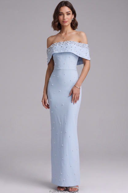 Light Blue Structured Crepe Column Gown with Pearl Embellishments light blue structured crepe gown - product view 2