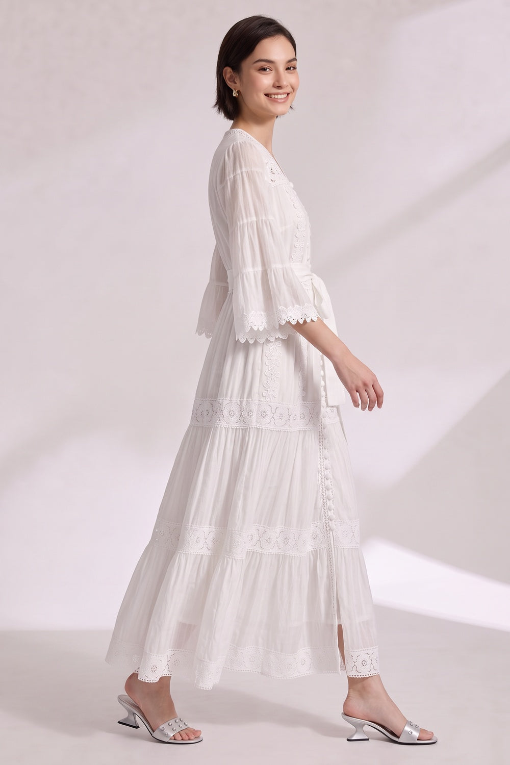 White A-Line Tiered Maxi Dress with Lace Inserts white lightweight cotton or linen blend dress - product view 3