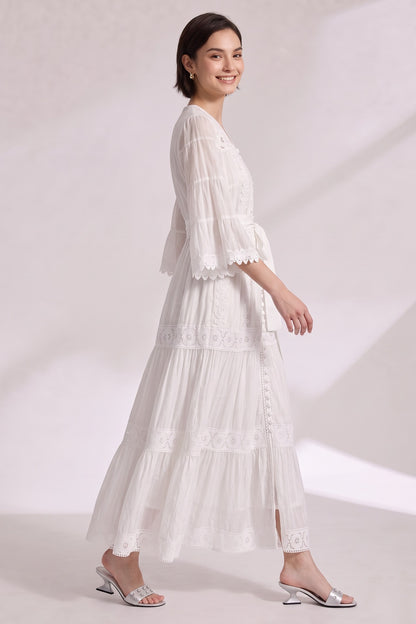 White A-Line Tiered Maxi Dress with Lace Inserts white lightweight cotton or linen blend dress - product view 3
