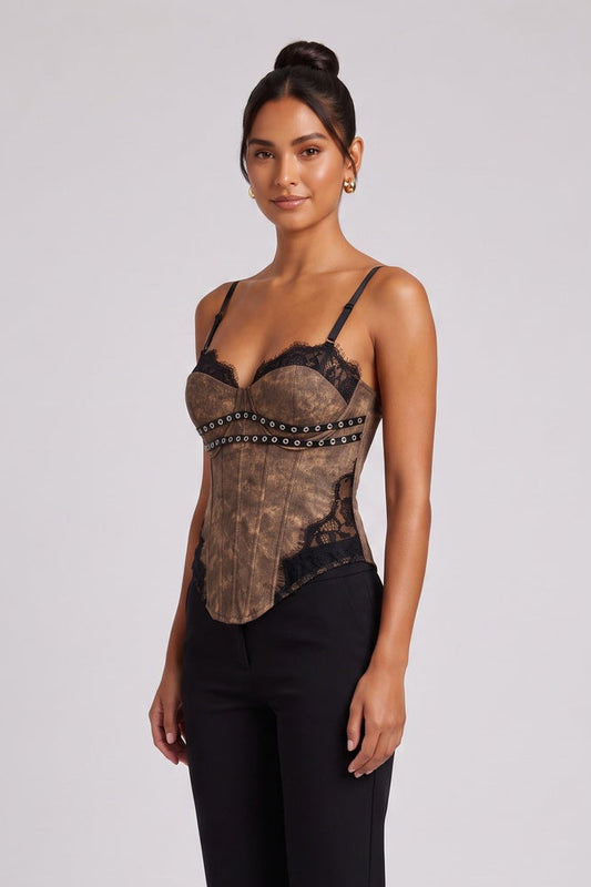 Distressed Brown Structured Bustier Corset Top with Black Lace Trim distressed brown, tan distressed coated cotton or faux leather corset top - product view 1