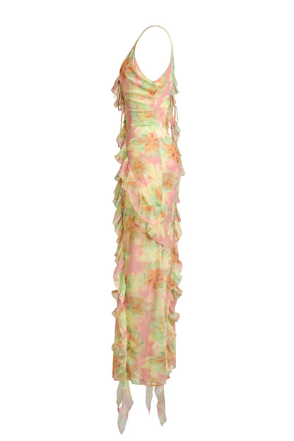 jessie Tie Dye v-neck Ruffle Tie-Up Midi Dress - green