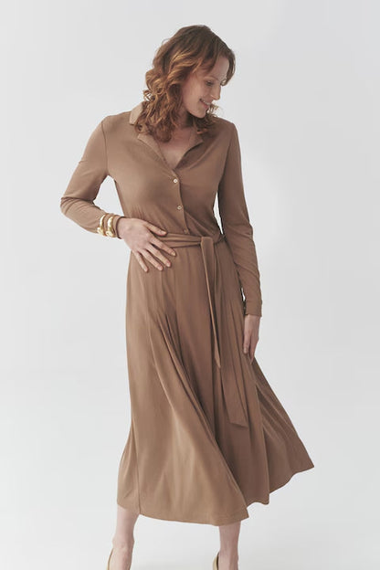 Drawstring waist midi dress in brown