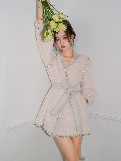 Beige V-Neck Long Sleeve Diamond Stud Coat