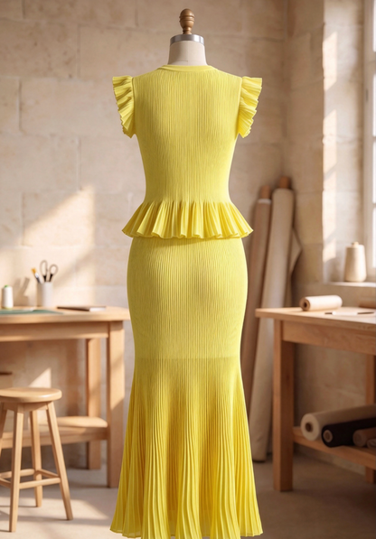 Lemon Yellow Ribbed Knit Mermaid Peplum Two-Piece Set