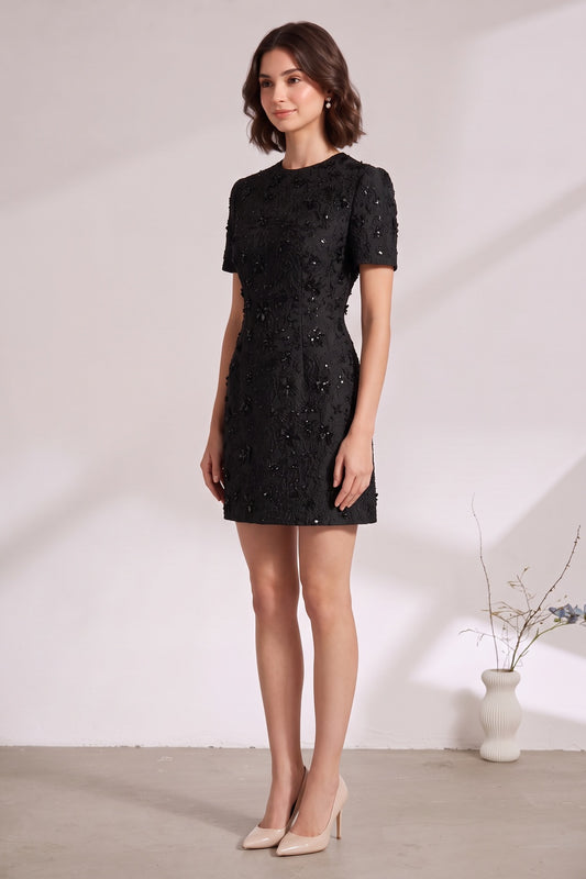 black textured jacquard or brocade A-line mini dress black textured jacquard or brocade mini dress - product view 2
