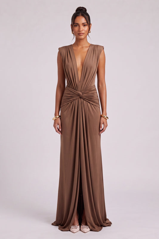 Brown Jersey Column Gown with Twist Detail brown jersey gown - product view 3