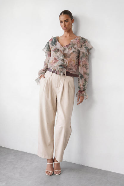 Vintage Rose Print Multi-Layer Ruffle V-Neck Sheer Crinkle Chiffon Long Sleeve Blouse