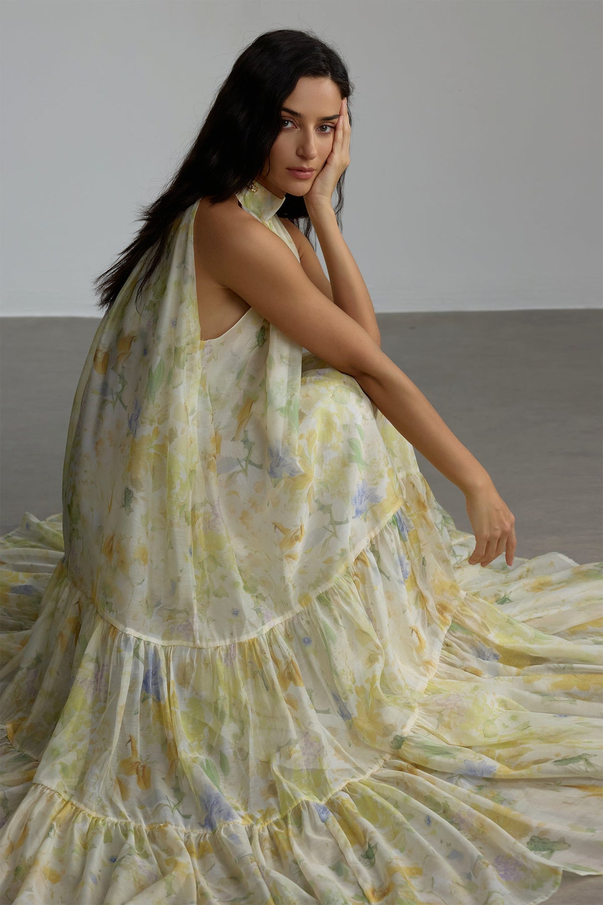 caroline Floral Print Sleeveless Maxi Dress in yellow