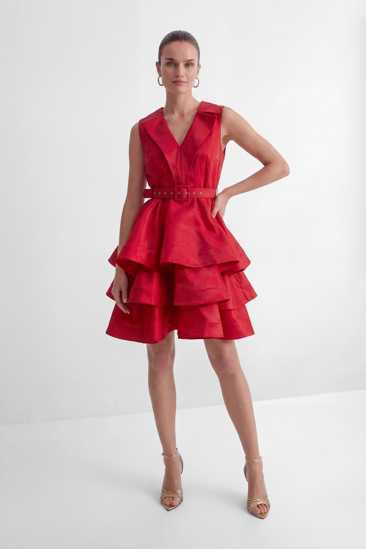 jessica Red V-neck Tiered Ruffle Mini Dress