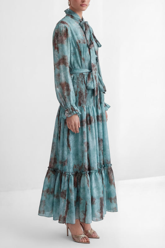 kristin Teal Printed Tiered Ruffle Maxi Dress - green