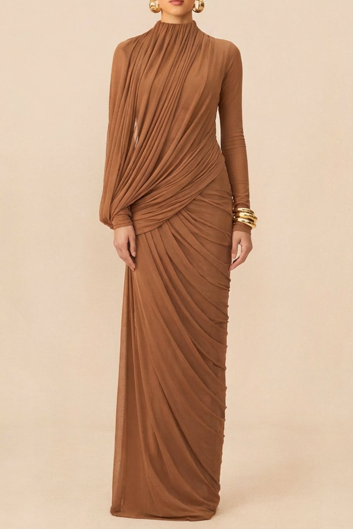 liz High Neck Asymmetric Drape ruched Maxi Dress in brown