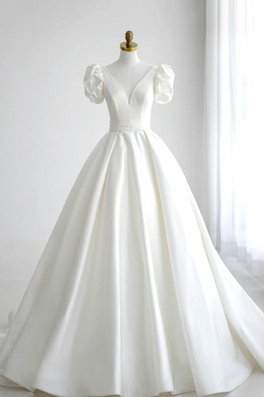 White V-Neck Satin A-Line Short Sleeve Dress