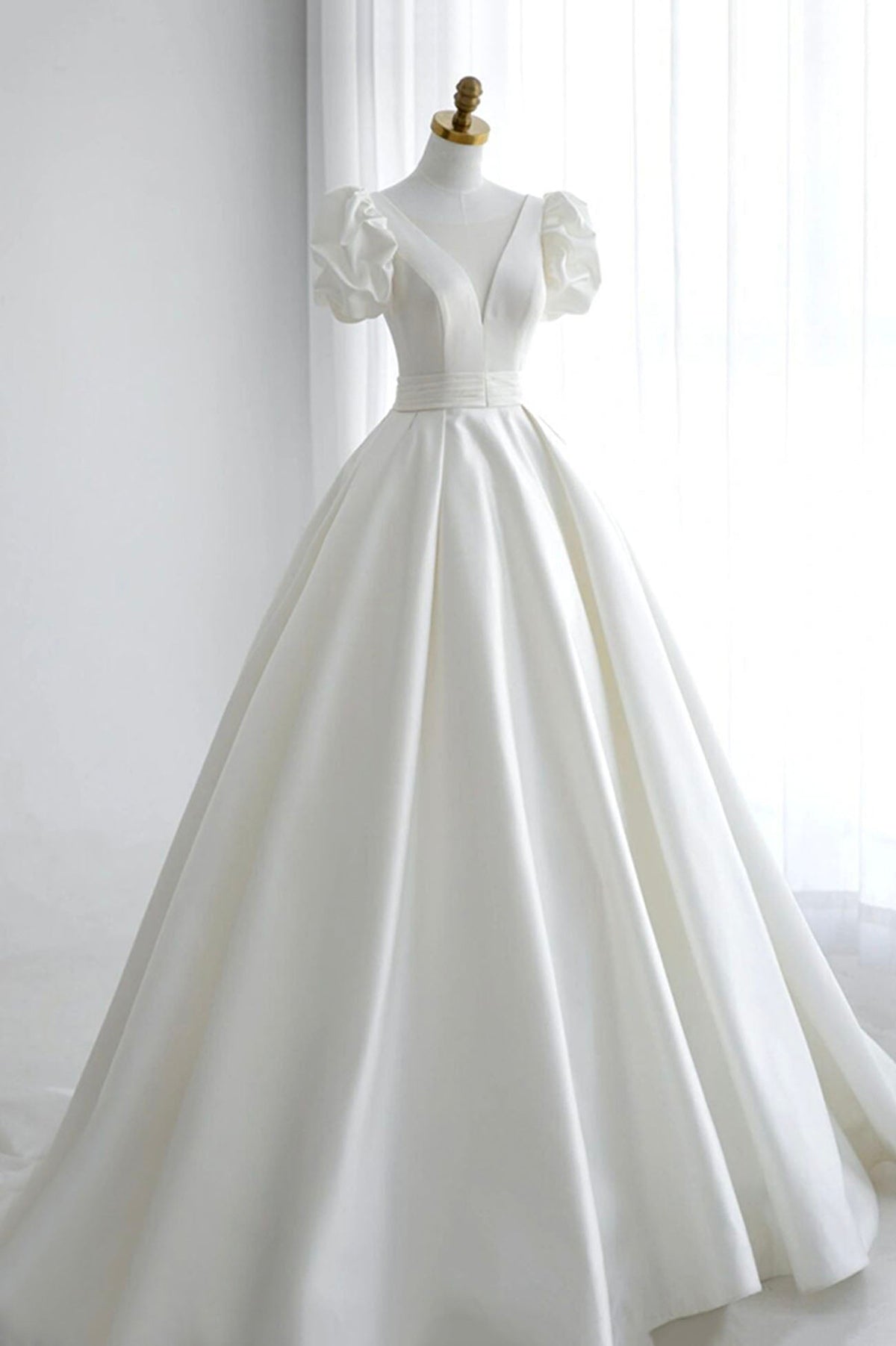White V-Neck Satin A-Line Short Sleeve Dress