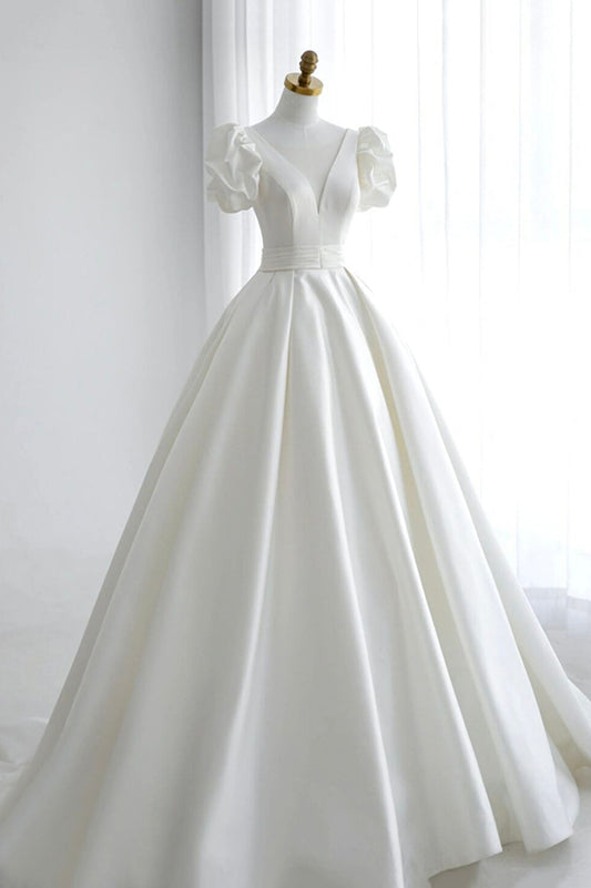 White V-Neck Satin A-Line Short Sleeve Dress