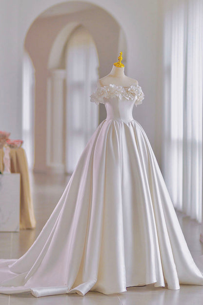 White Satin Long A-Line Ball Off the Shoulder Gown