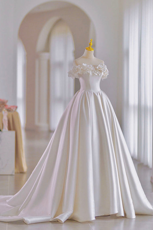 White Satin Long A-Line Ball Off the Shoulder Gown