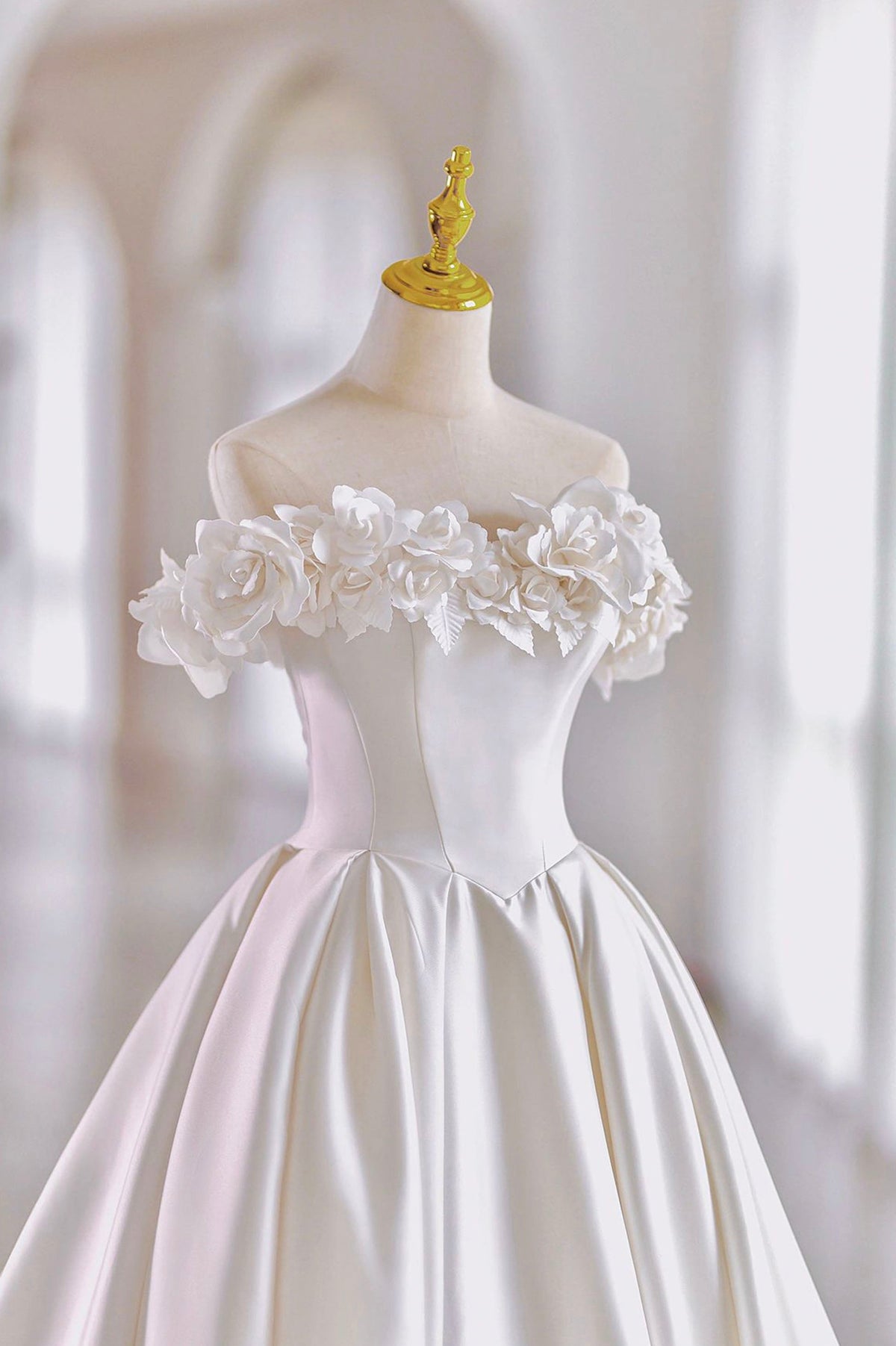 White Satin Long A-Line Ball Off the Shoulder Gown